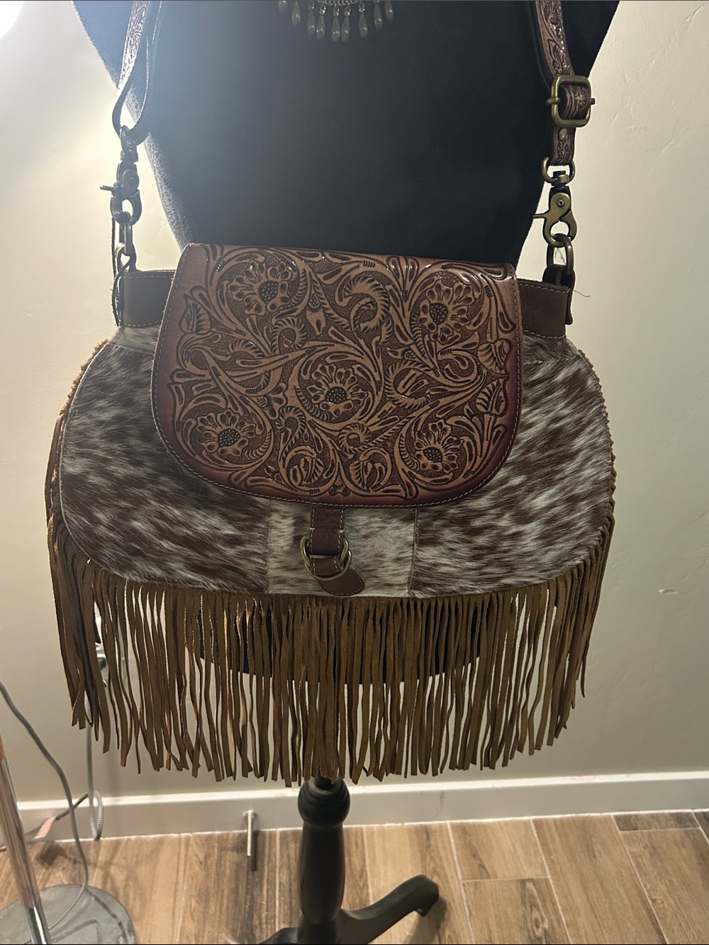 Myra Bag Brown Tooled Leather & Hair-On-Hide Fringe Crossbody